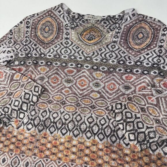 jess & jane Tops - Jess & Jane Womens Large Brown Geometric Rhinestone Lightweight‎ V-Neck Top